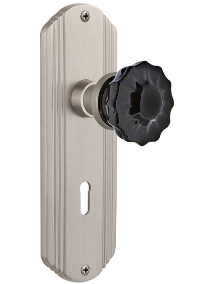 Streamline Deco Door Set with Colored Fluted Crystal Glass Knobs and Keyhole Black in Satin Nickel.